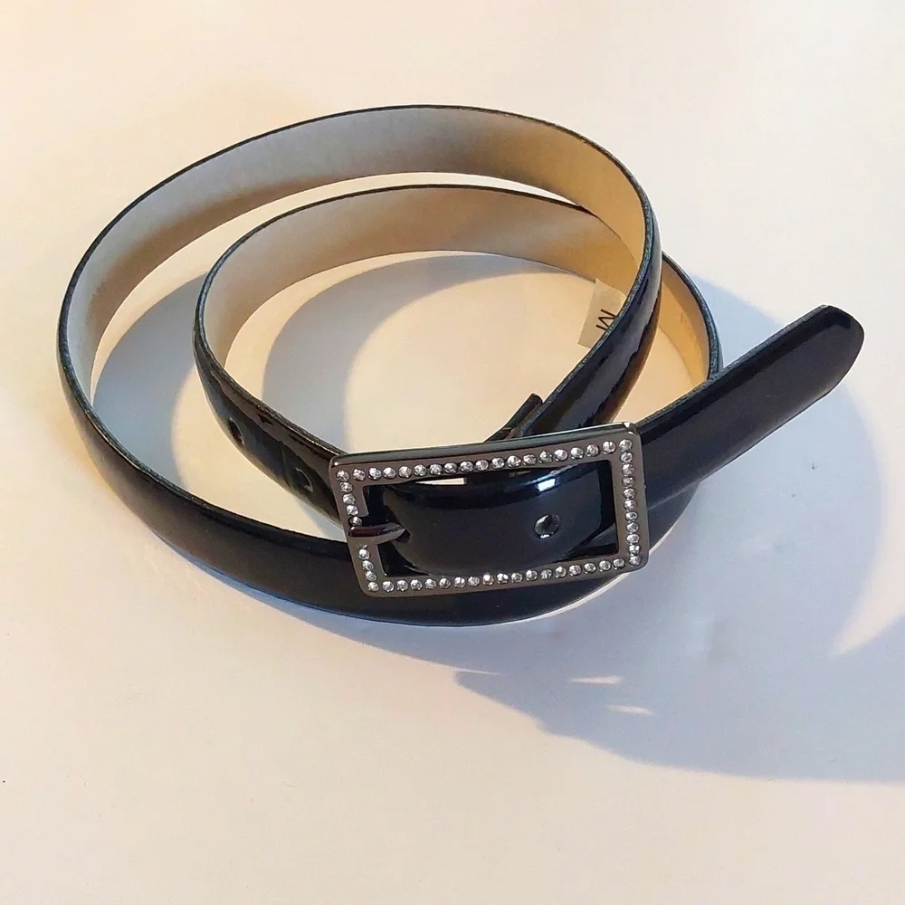 Liz & Co. Black Patent Leather Dress Belt Thin Gun metal Rhinestone Buckle M
